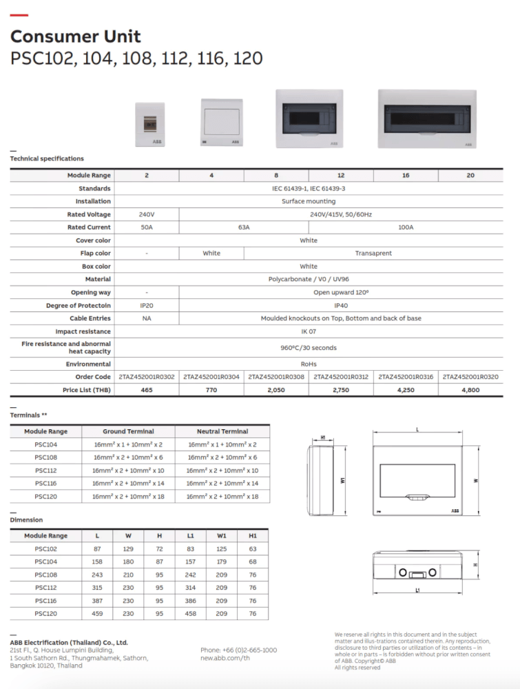 ชุดตู้คอนซุมเมอร์ยูนิต 4 ช่อง พร้อม เมนเบรกเกอร์ 50A และลูกย่อย ABB SET PSC104_6